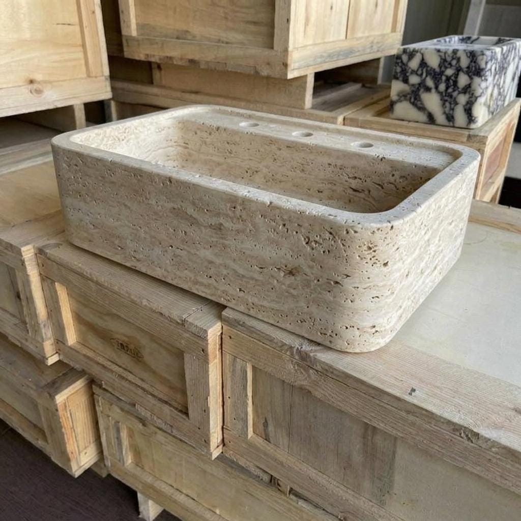 Beige Travertine square vessel sink — low-angle view (photo 11)