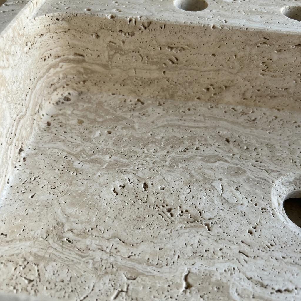 Beige Travertine square vessel sink — close-up of marble veining (photo 12)