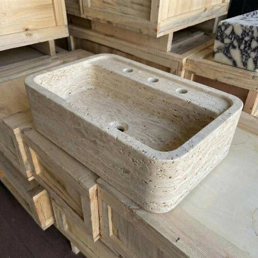 Beige Travertine square vessel sink — product photograph (photo 14)