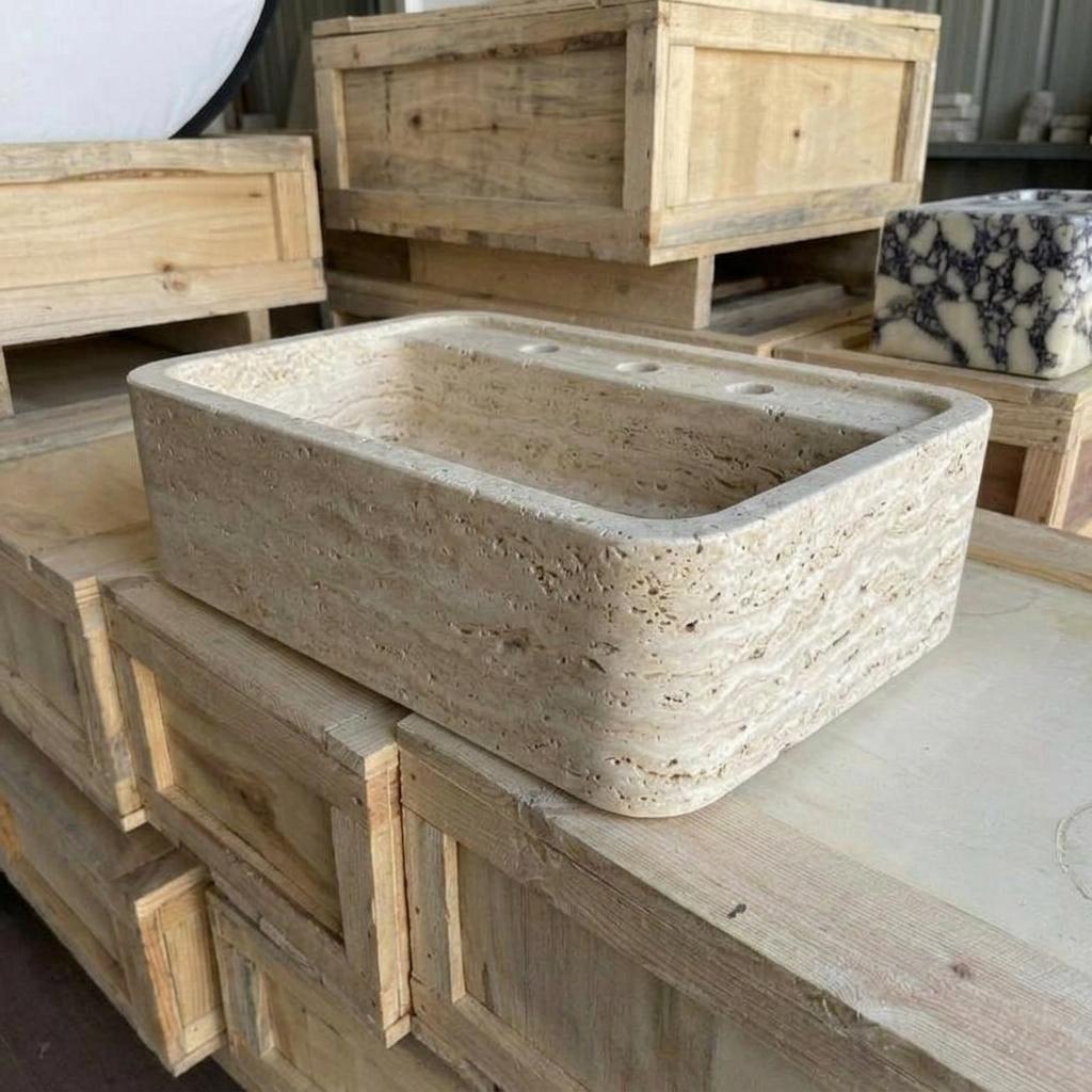 Beige Travertine square vessel sink — product photograph (photo 15)