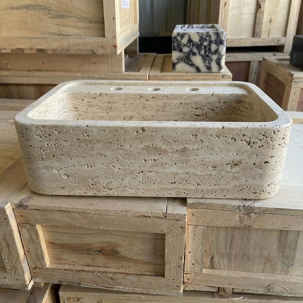 Beige Travertine square vessel sink — eye-level view (photo 17)