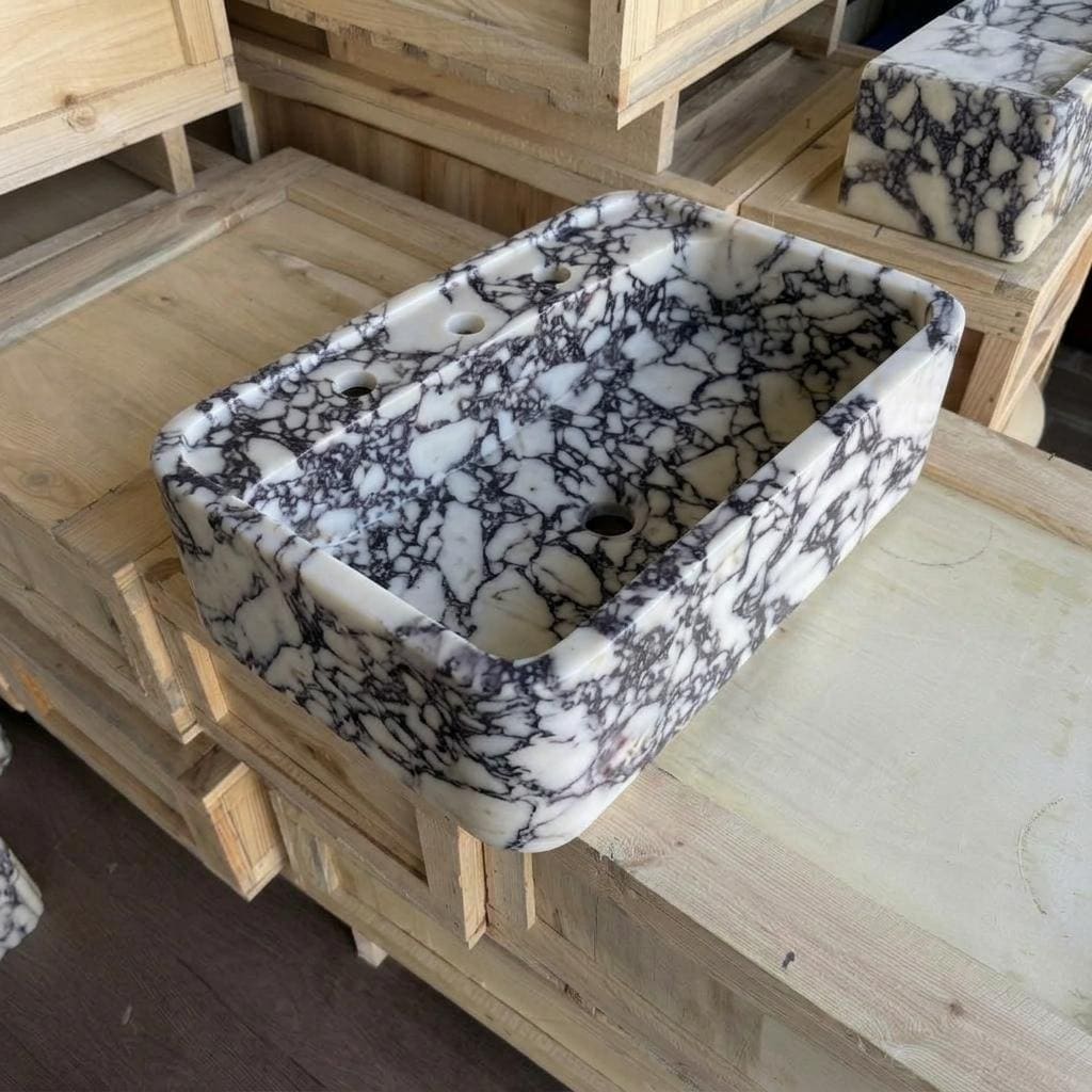 Calacatta Viola Marble square vessel sink — high-angle view (photo 8)