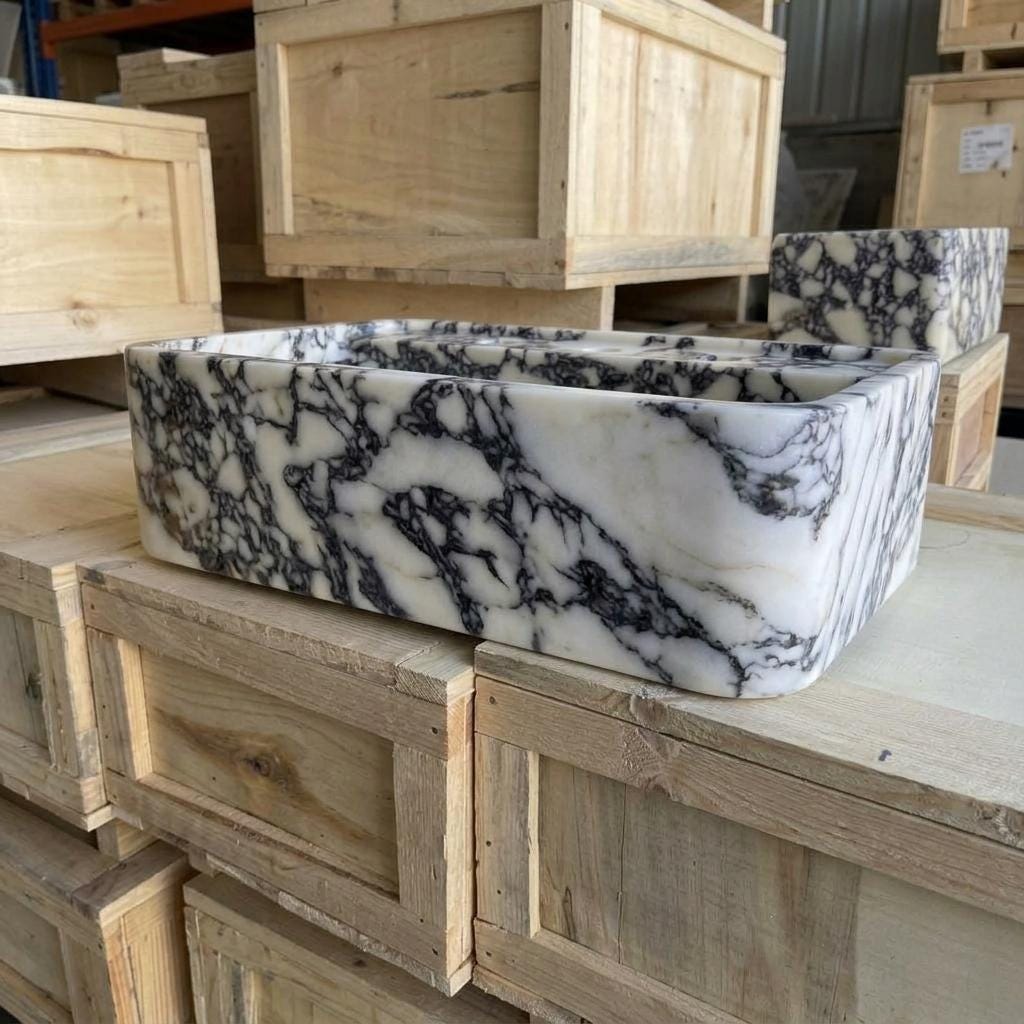 Calacatta Viola Marble square vessel sink — low-angle view (photo 10)