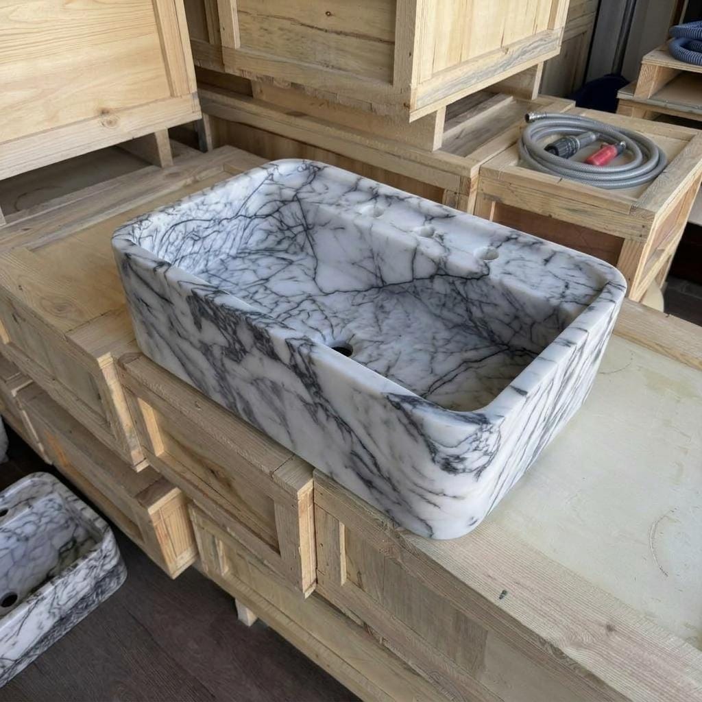 Lilac Marble square vessel sink — isometric three-quarter view (photo 3)