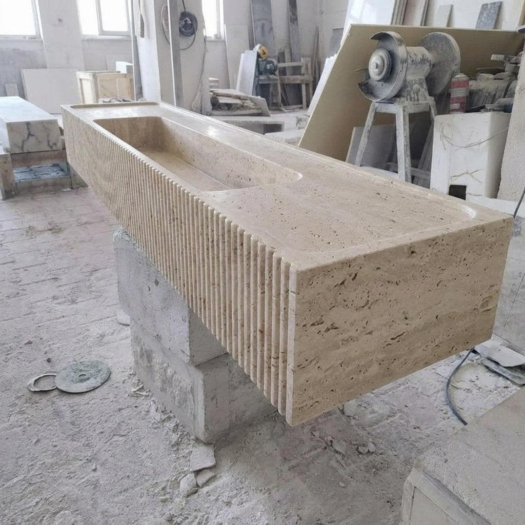 Beige Travertine fluted vessel sink — right side view (photo 3)