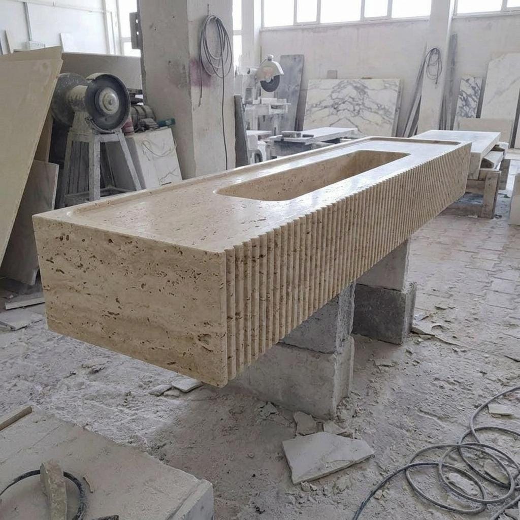 Beige Travertine fluted vessel sink — isometric three-quarter view (photo 6)