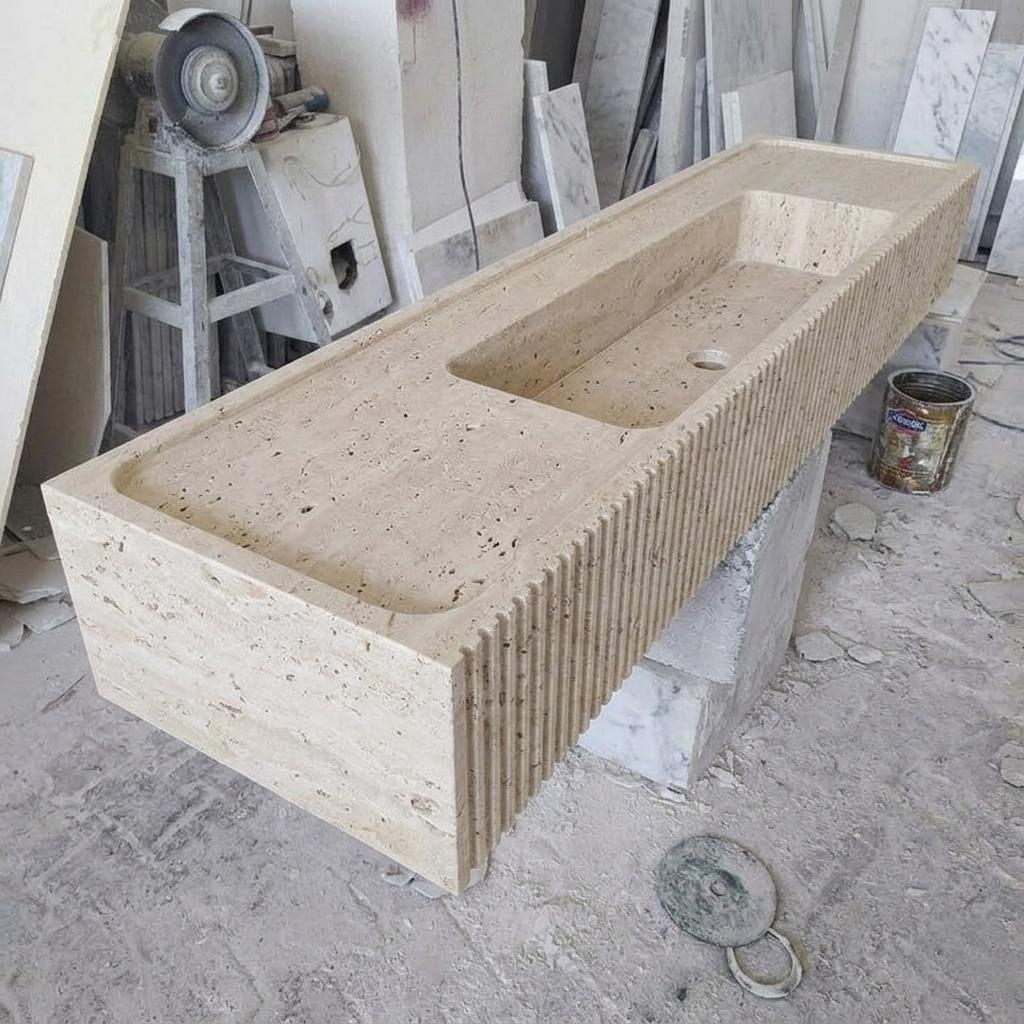 Beige Travertine fluted vessel sink — product photograph (photo 14)