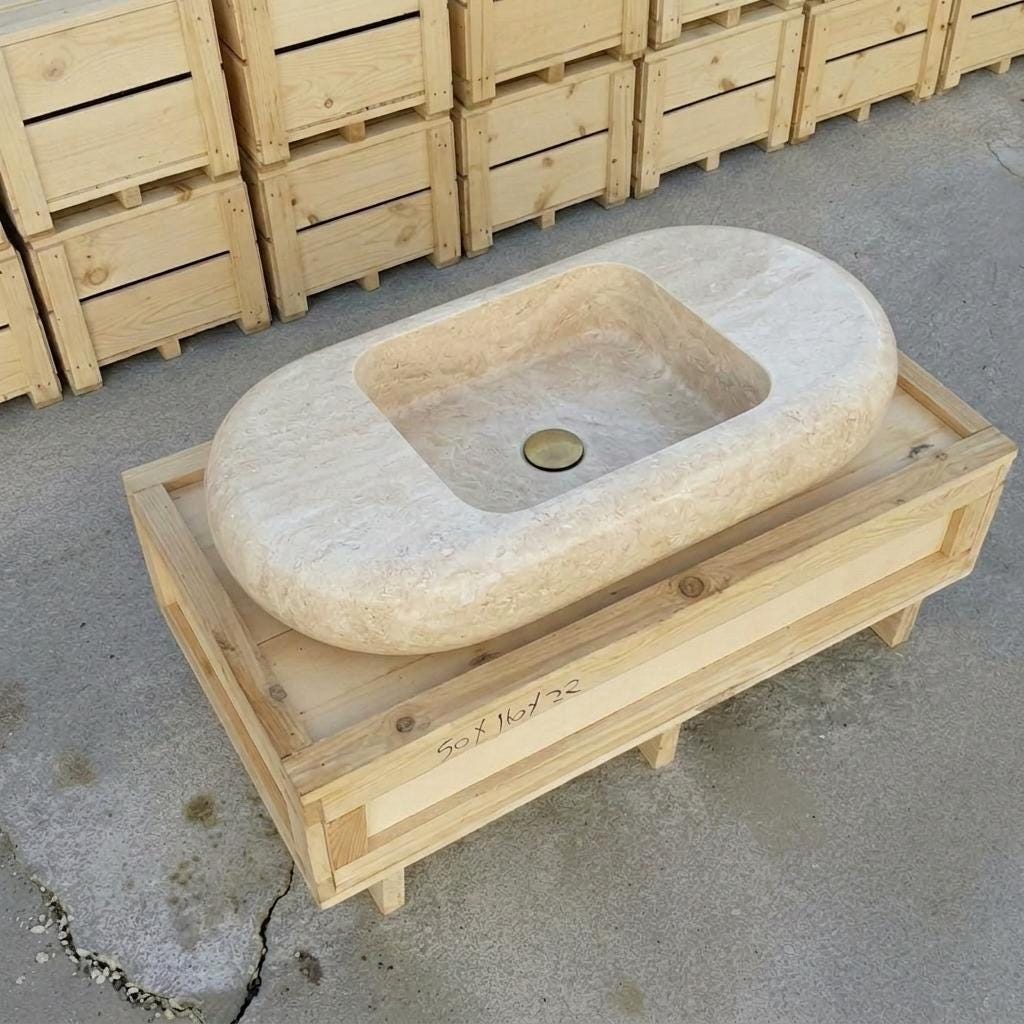 Beige Travertine fluted vessel sink — isometric three-quarter view (photo 9)