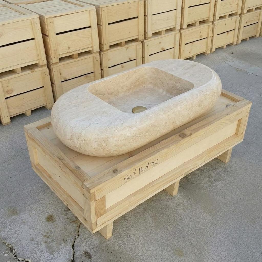 Beige Travertine fluted vessel sink — isometric three-quarter view (photo 11)