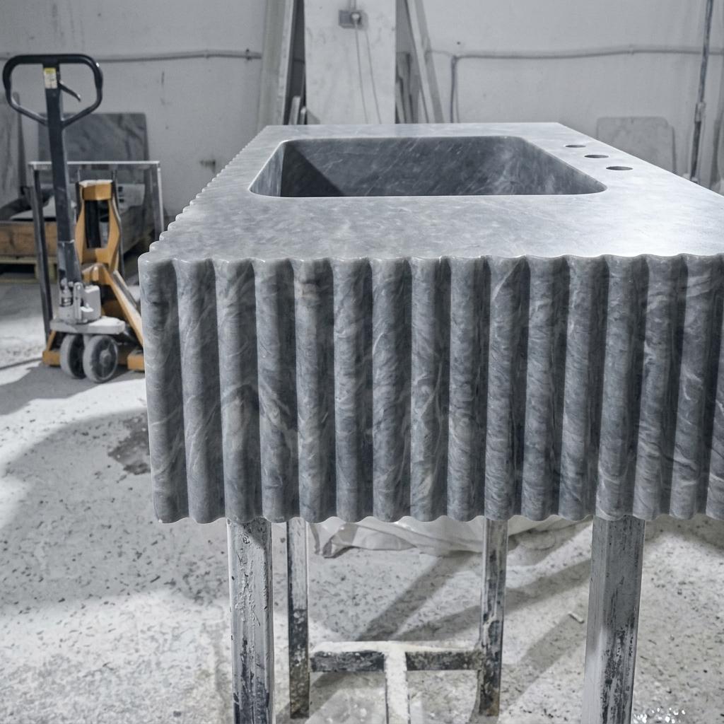 Thundra Gray Marble square vessel sink — left side view (photo 4)
