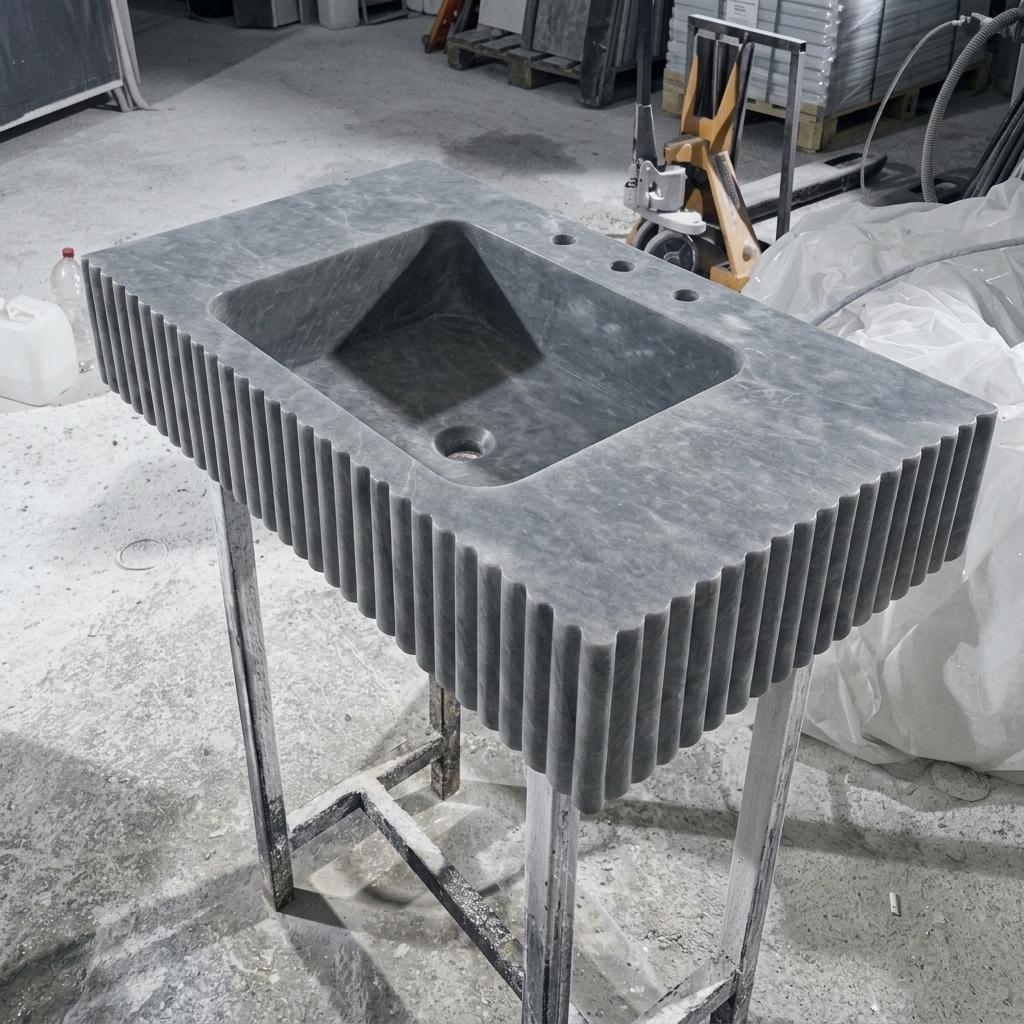 Thundra Gray Marble square vessel sink — isometric three-quarter view (photo 9)