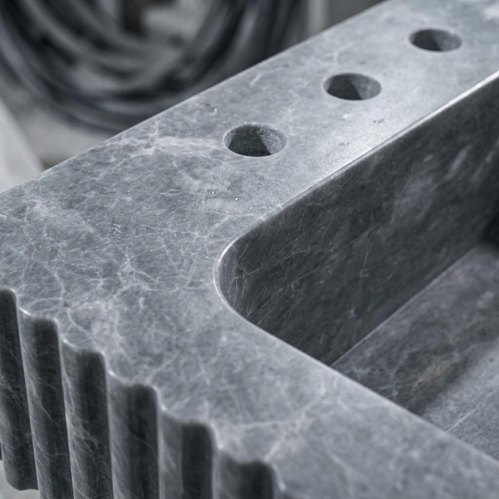 Thundra Gray Marble square vessel sink — close-up of marble veining (photo 16)
