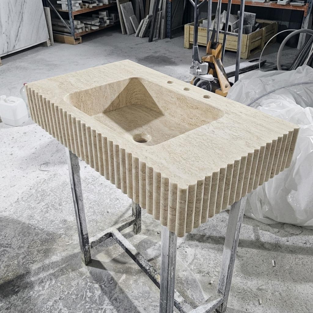 Beige Travertine square vessel sink — isometric three-quarter view (photo 11)