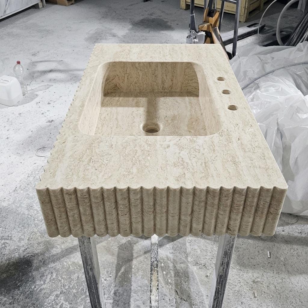 Beige Travertine square vessel sink — front view (photo 12)