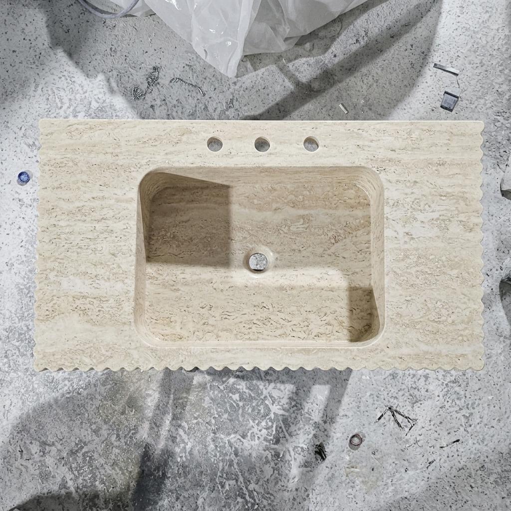 Beige Travertine square vessel sink — bird's eye view (photo 20)