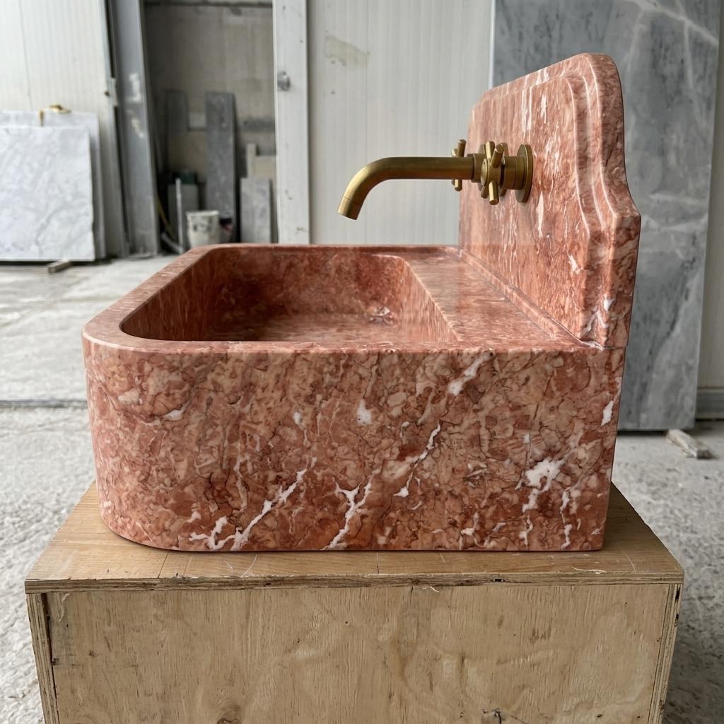 Red Travertine wall mount sink — left side view (photo 3)