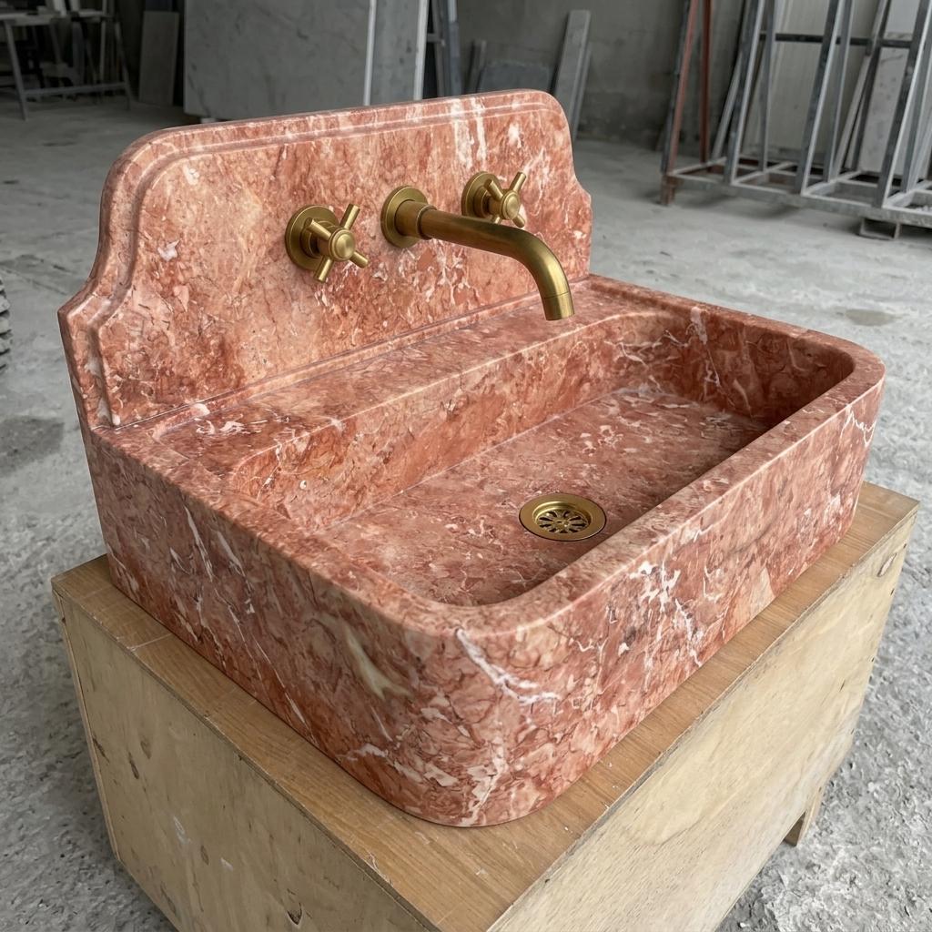 Red Travertine wall mount sink — isometric three-quarter view (photo 7)