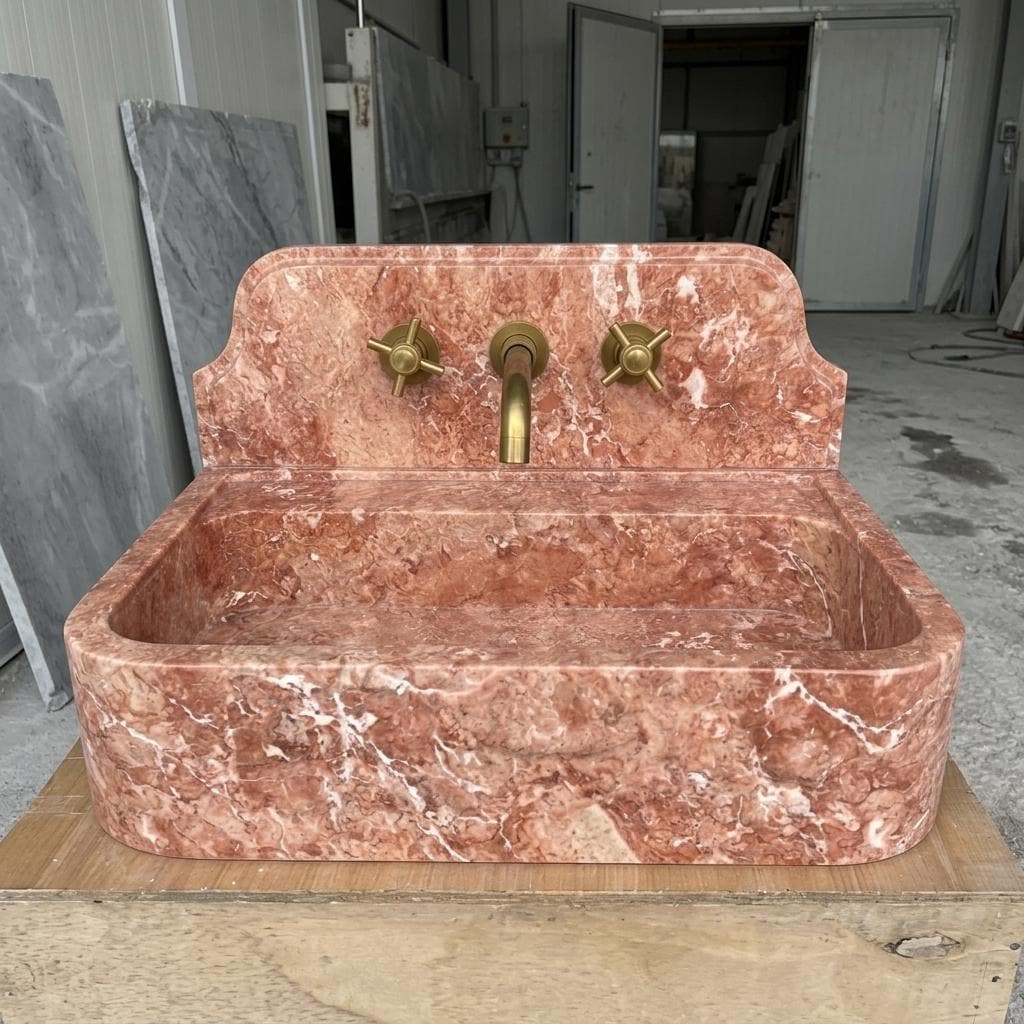 Red Travertine wall mount sink — eye-level view (photo 17)