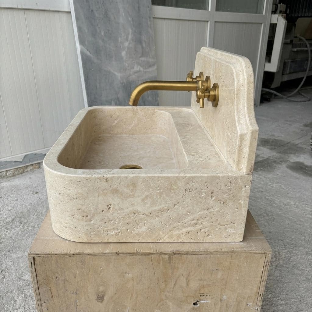 Beige Travertine wall mount sink — right side view (photo 5)