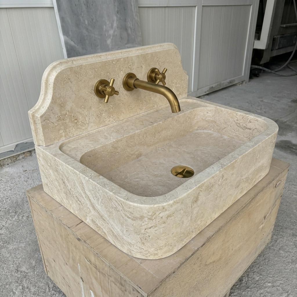Beige Travertine wall mount sink — isometric three-quarter view (photo 7)