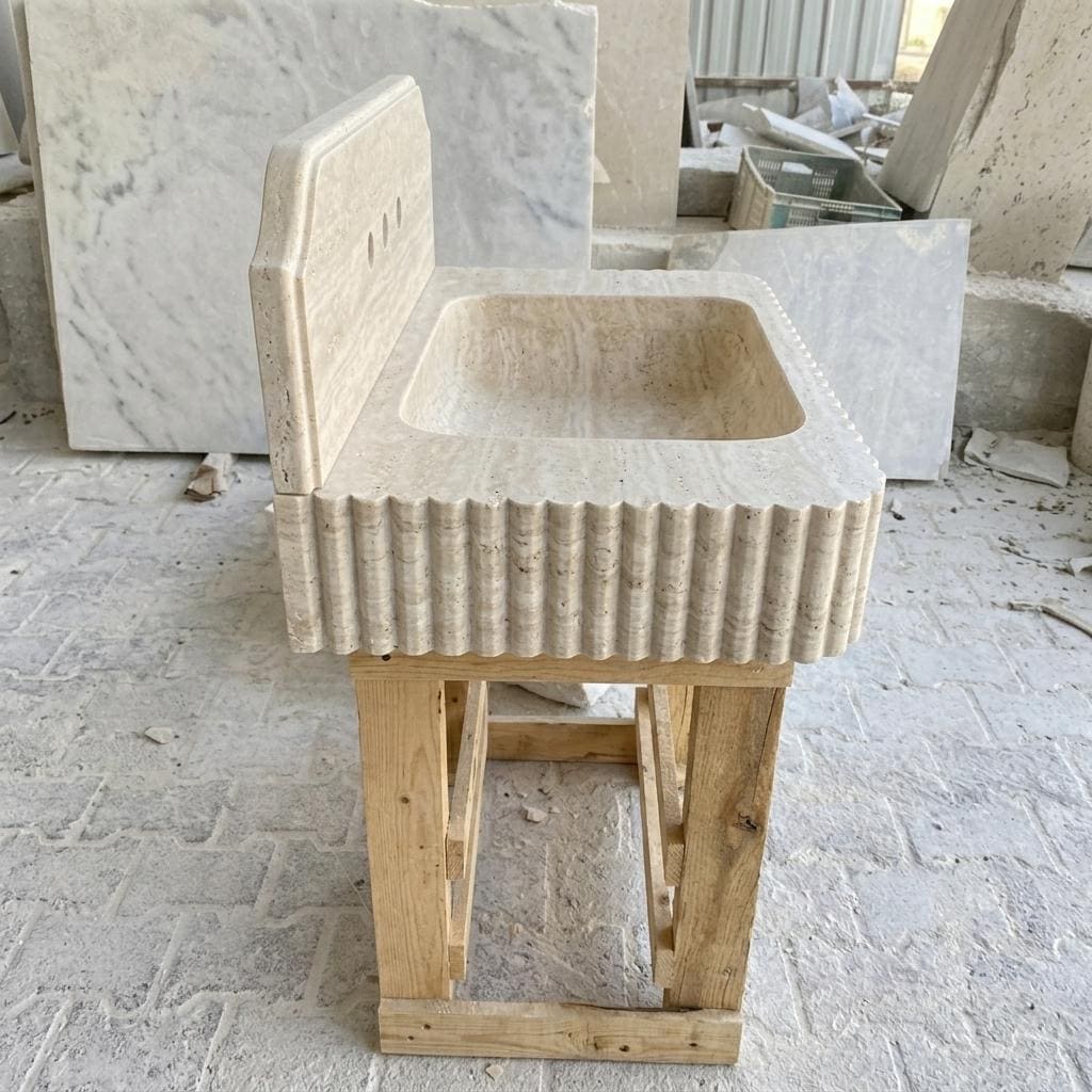 Beige Travertine square vessel sink — right side view (photo 5)