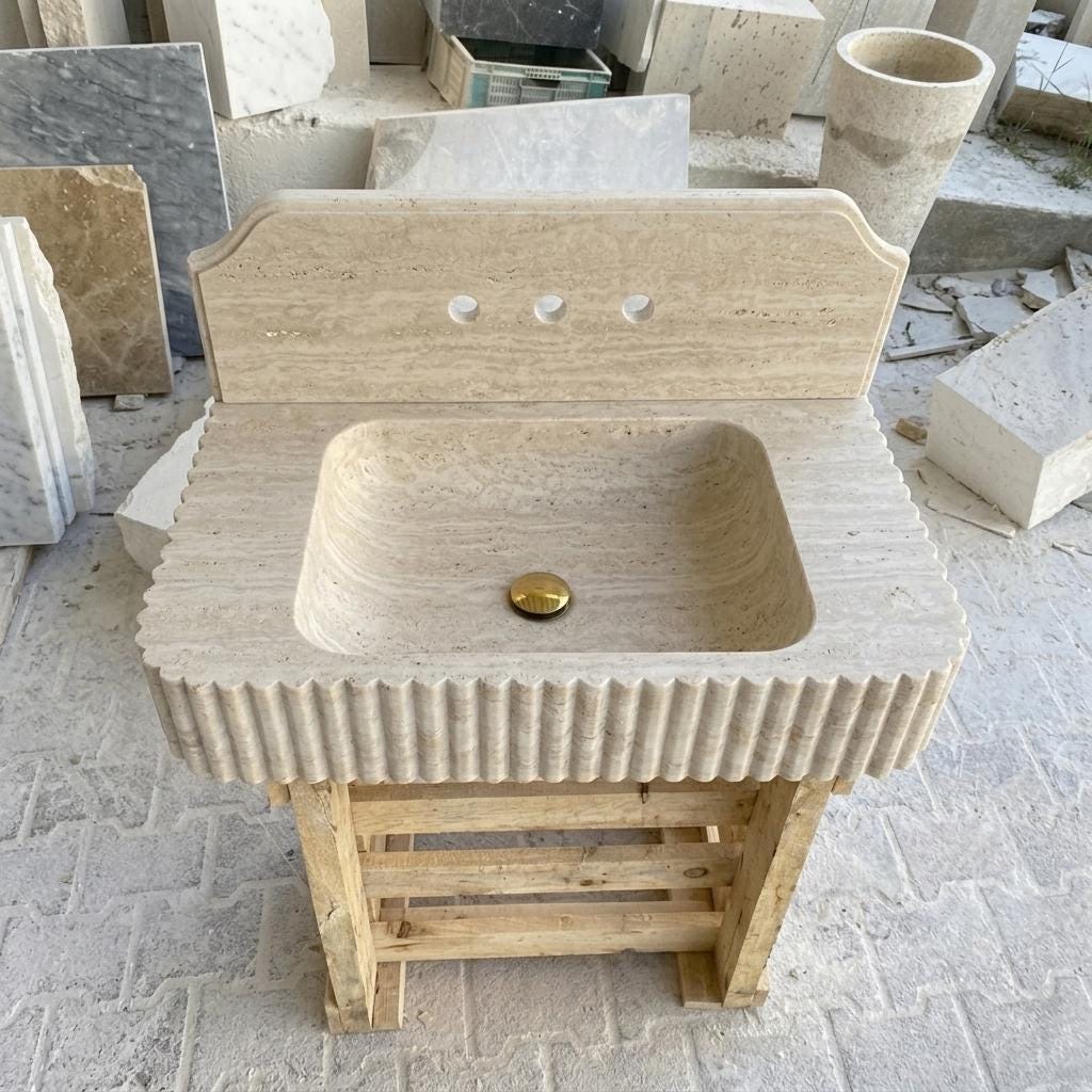 Beige Travertine square vessel sink — front view (photo 12)