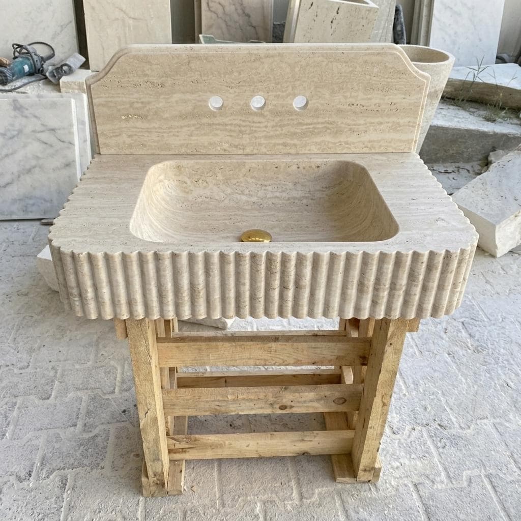 Beige Travertine square vessel sink — front view (photo 14)