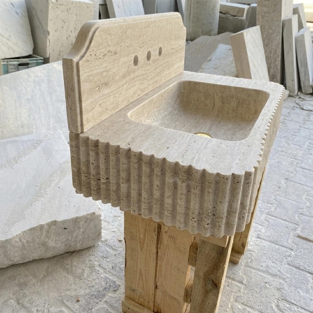 Beige Travertine square vessel sink — low-angle view (photo 15)