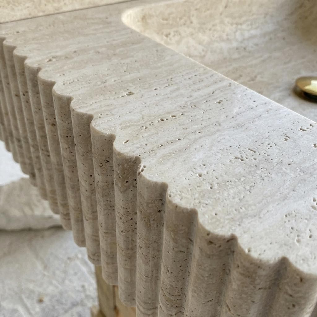 Beige Travertine square vessel sink — close-up of marble veining (photo 16)