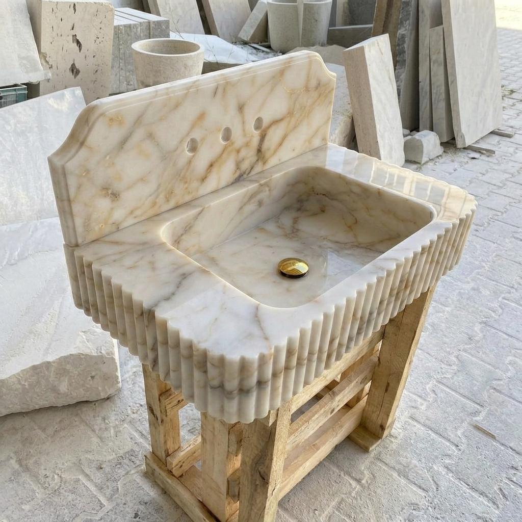 Calacatta Gold Marble square vessel sink — high-angle view (photo 13)