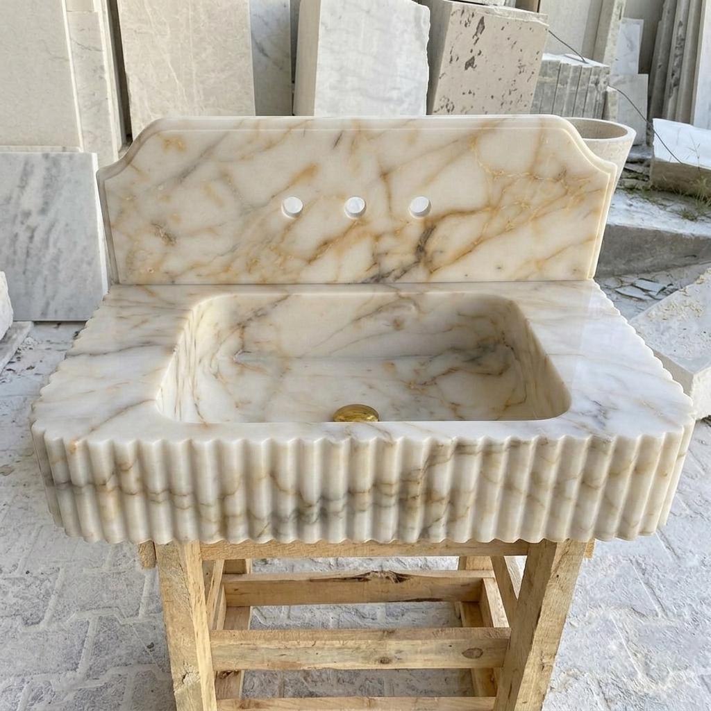 Calacatta Gold Marble square vessel sink — eye-level view (photo 20)