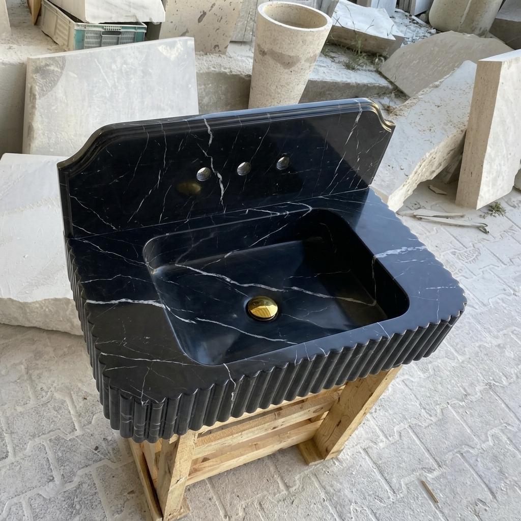 Nero Marquina Marble square vessel sink — product photograph