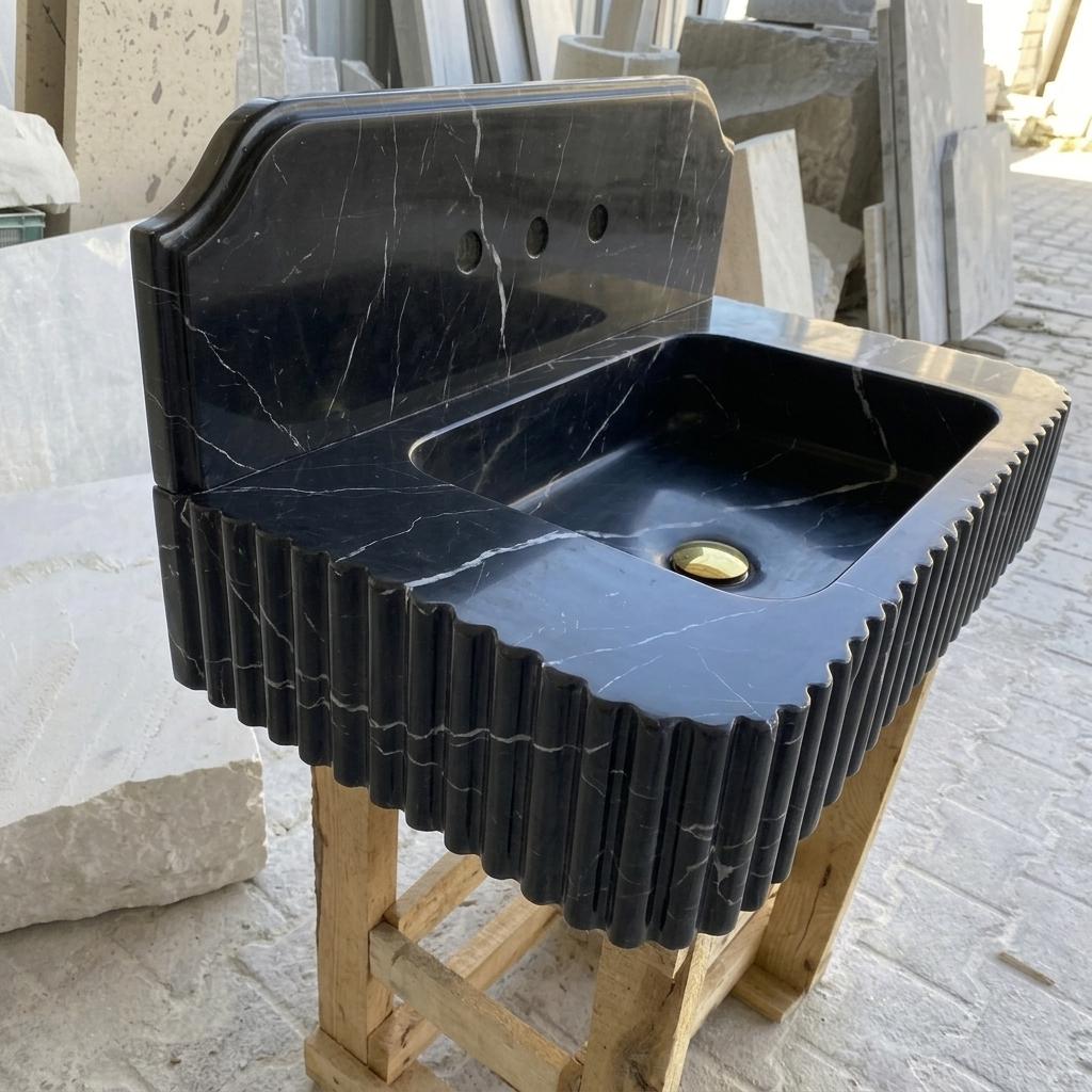 Nero Marquina Marble square vessel sink — left side view (photo 4)
