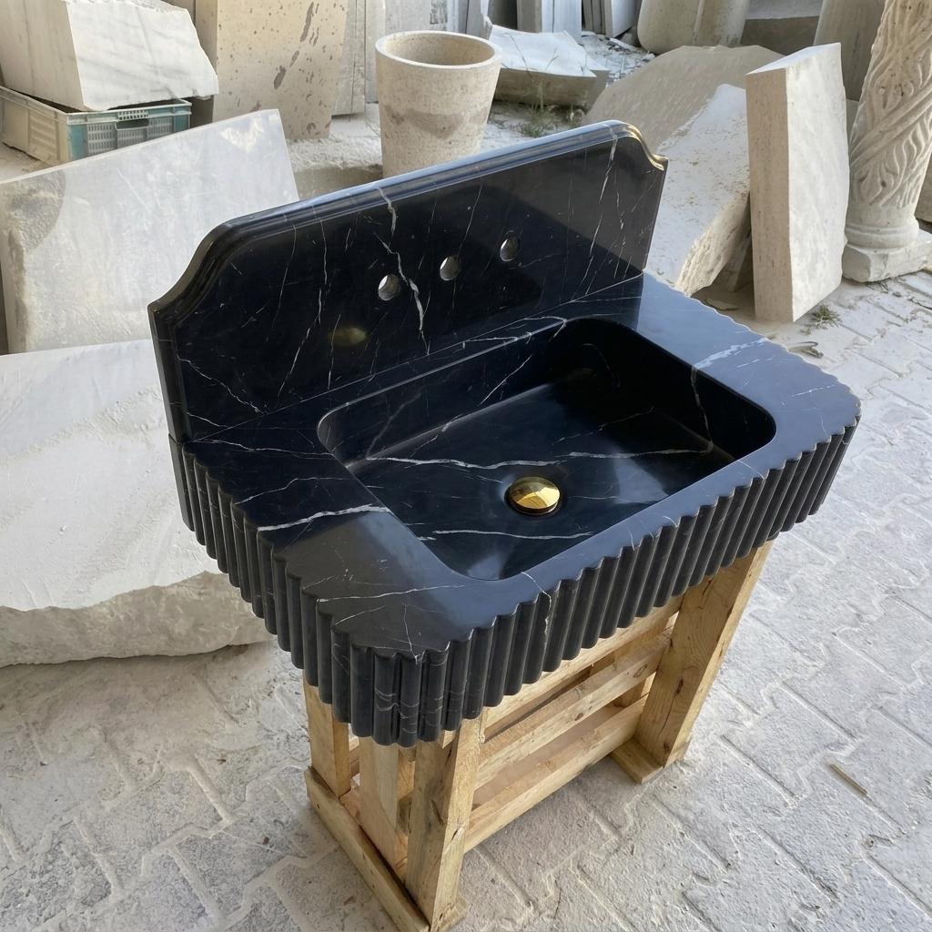 Nero Marquina Marble square vessel sink — isometric three-quarter view (photo 8)