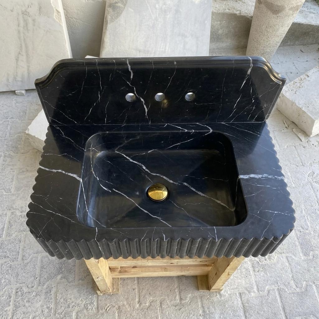 Nero Marquina Marble square vessel sink — front view (photo 12)