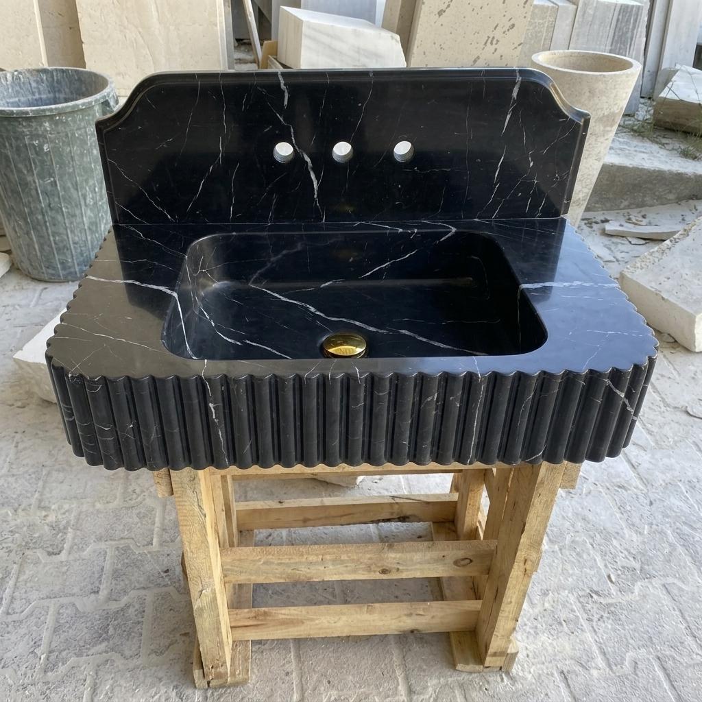 Nero Marquina Marble square vessel sink — front view (photo 14)