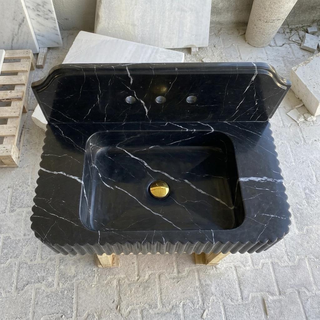 Nero Marquina Marble square vessel sink — bird's eye view (photo 20)