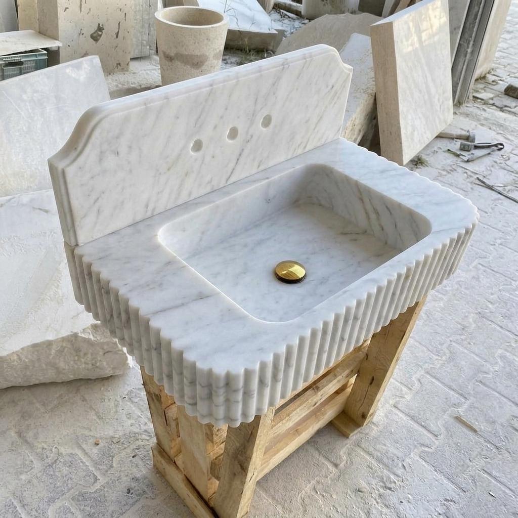 Carrara White Marble square vessel sink — isometric three-quarter view (photo 8)
