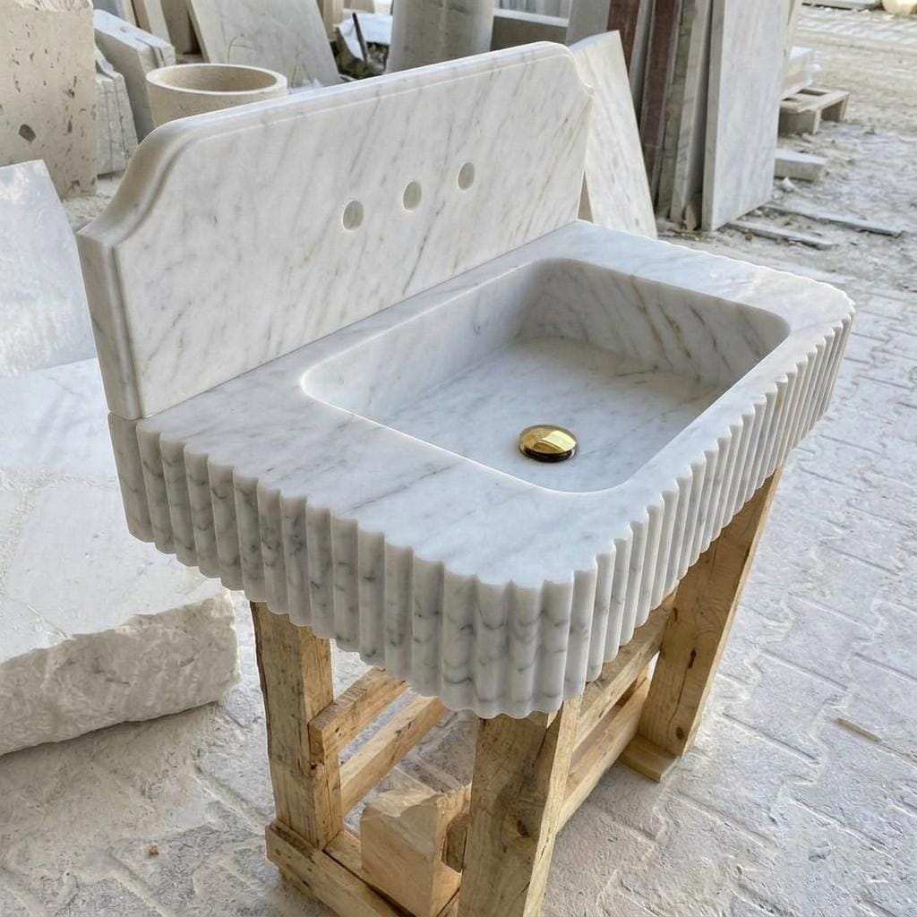 Carrara White Marble square vessel sink — low-angle view (photo 15)