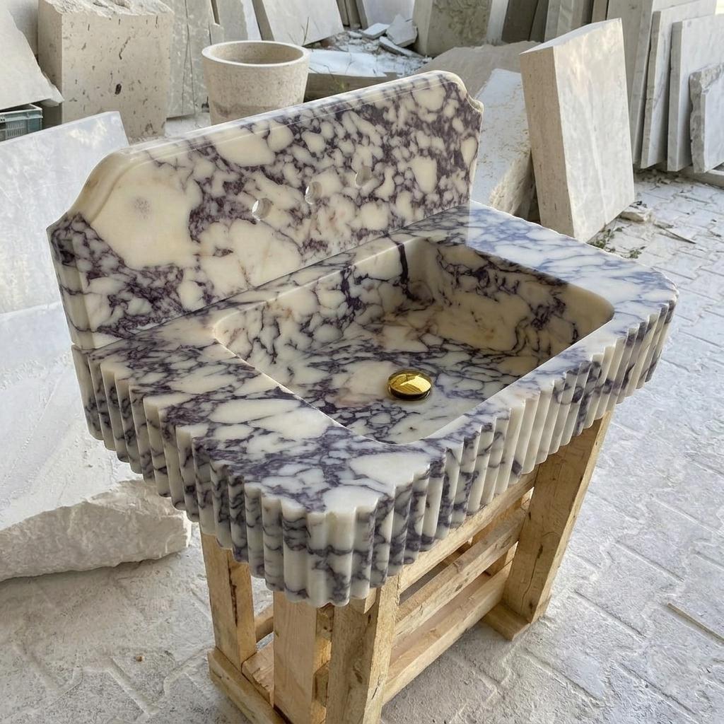 Calacatta Viola Marble square vessel sink — isometric three-quarter view (photo 8)