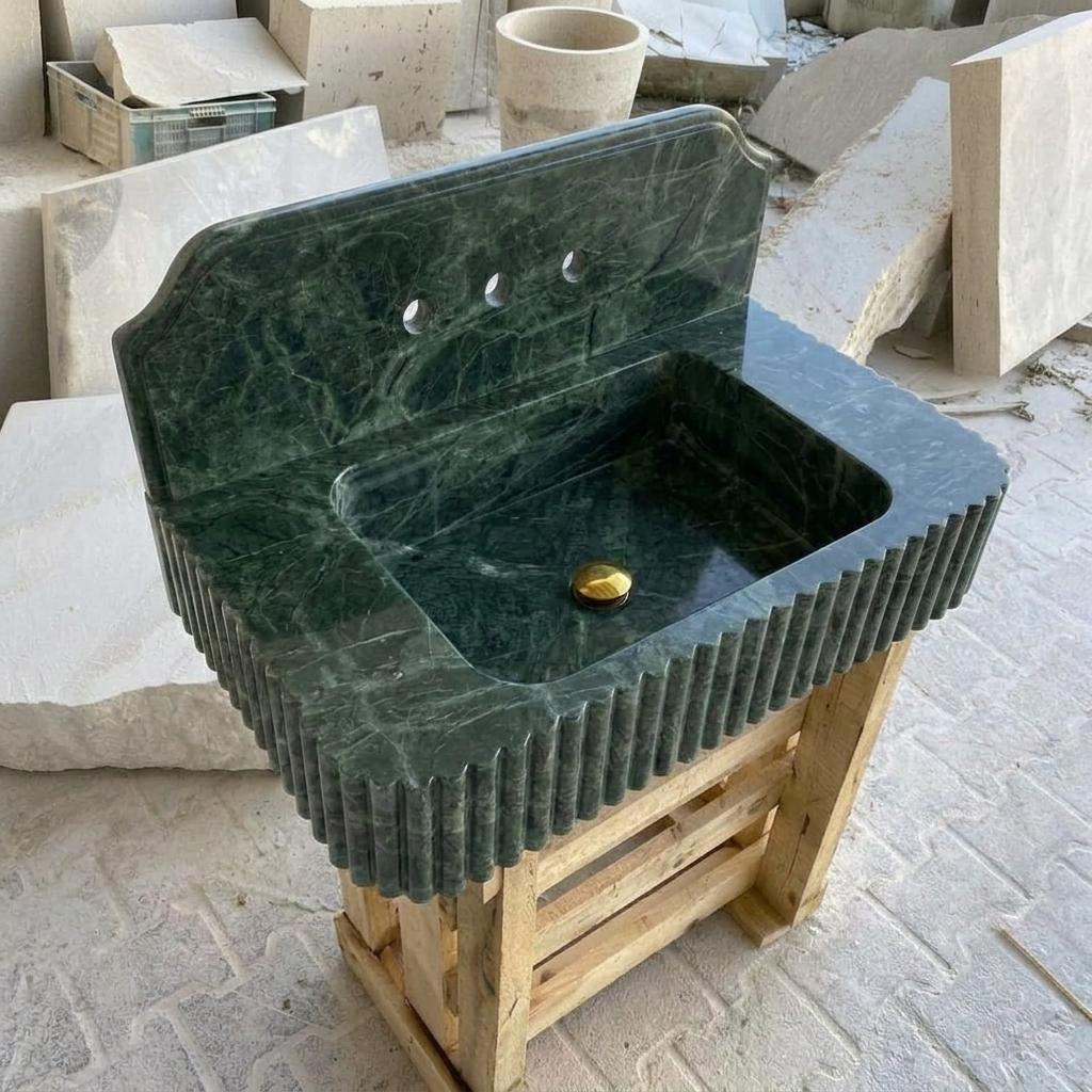 Calacatta Viola Marble square vessel sink — isometric three-quarter view (photo 9)