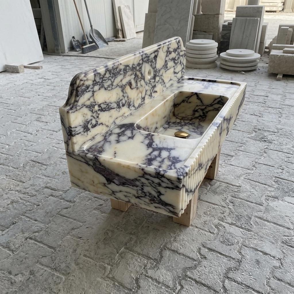 Calacatta Viola Marble fluted vessel sink — left side view (photo 4)
