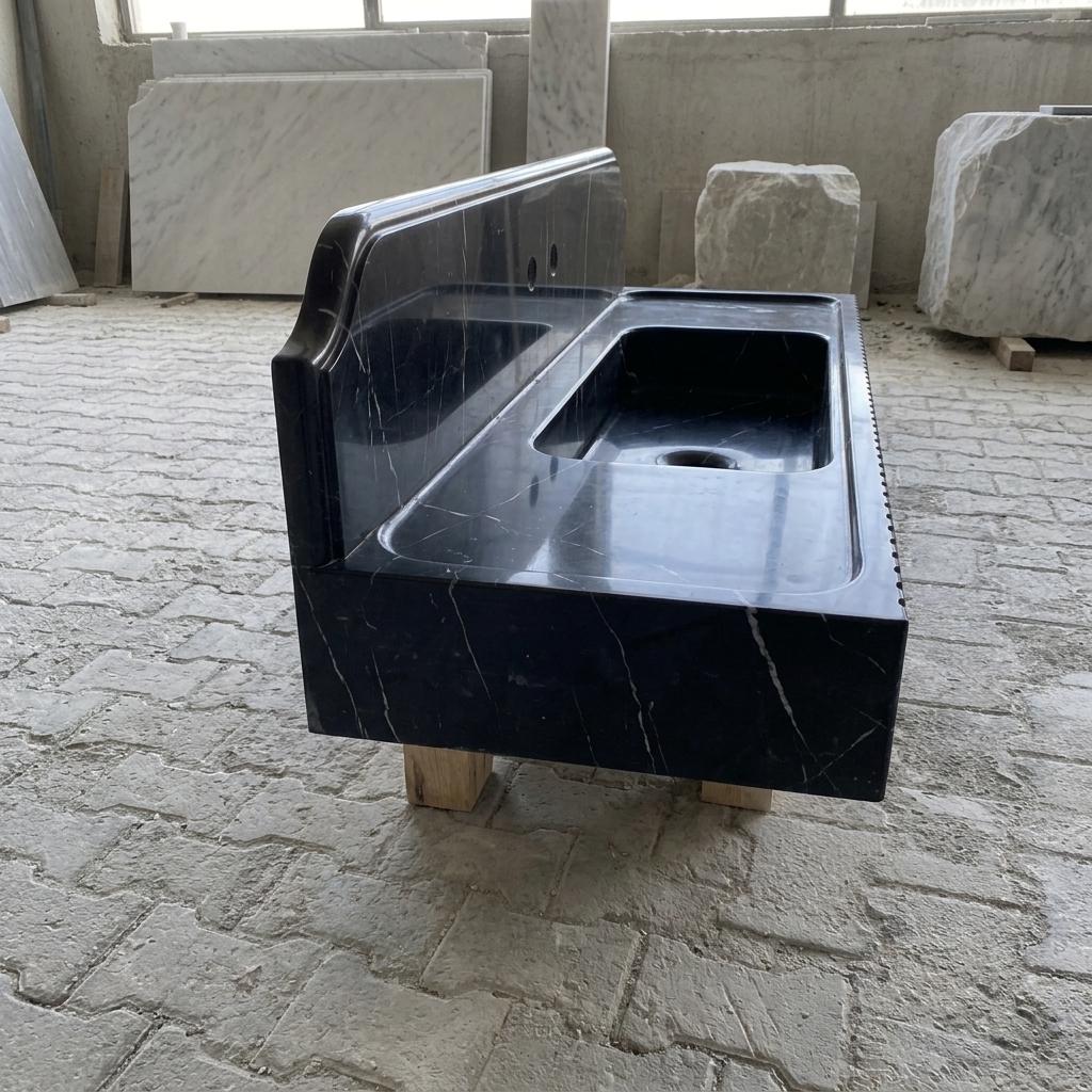 Nero Marquina Marble fluted vessel sink — left side view (photo 4)