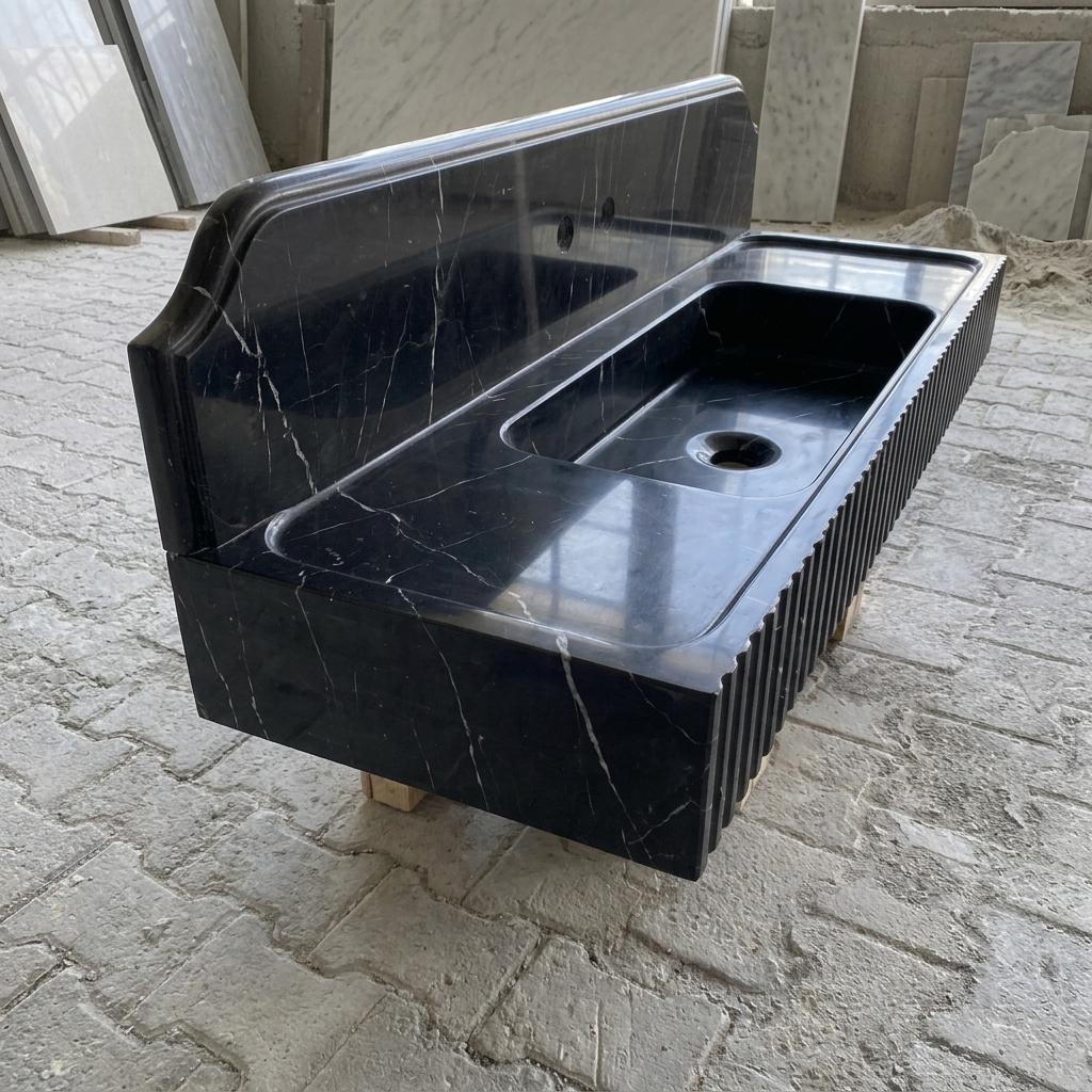 Nero Marquina Marble fluted vessel sink — right side view (photo 5)
