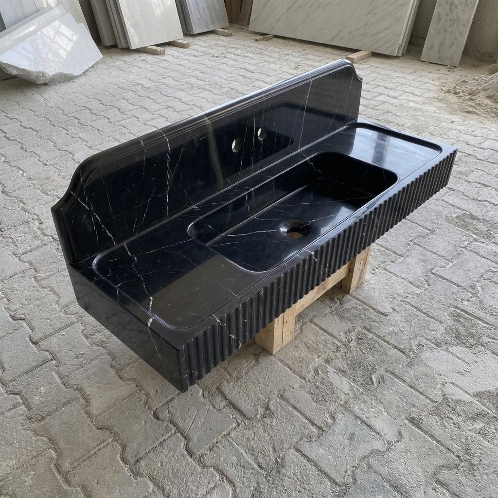 Nero Marquina Marble fluted vessel sink — isometric three-quarter view (photo 9)
