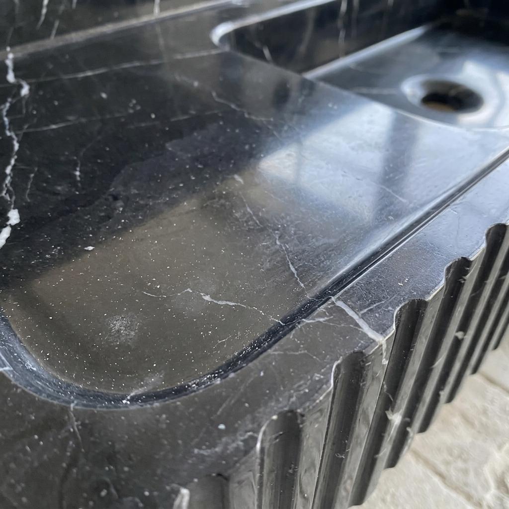 Nero Marquina Marble fluted vessel sink — close-up of marble veining (photo 16)