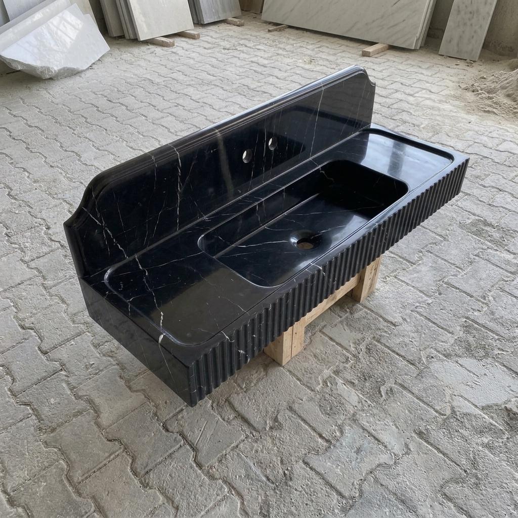 Nero Marquina Marble fluted vessel sink — full wide shot (photo 17)
