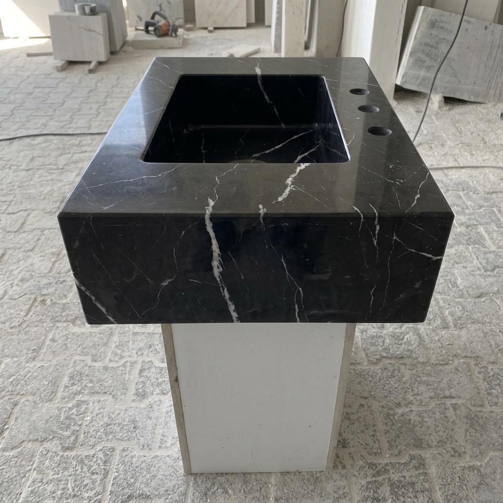 Nero Marquina Marble square vessel sink — right side view (photo 5)