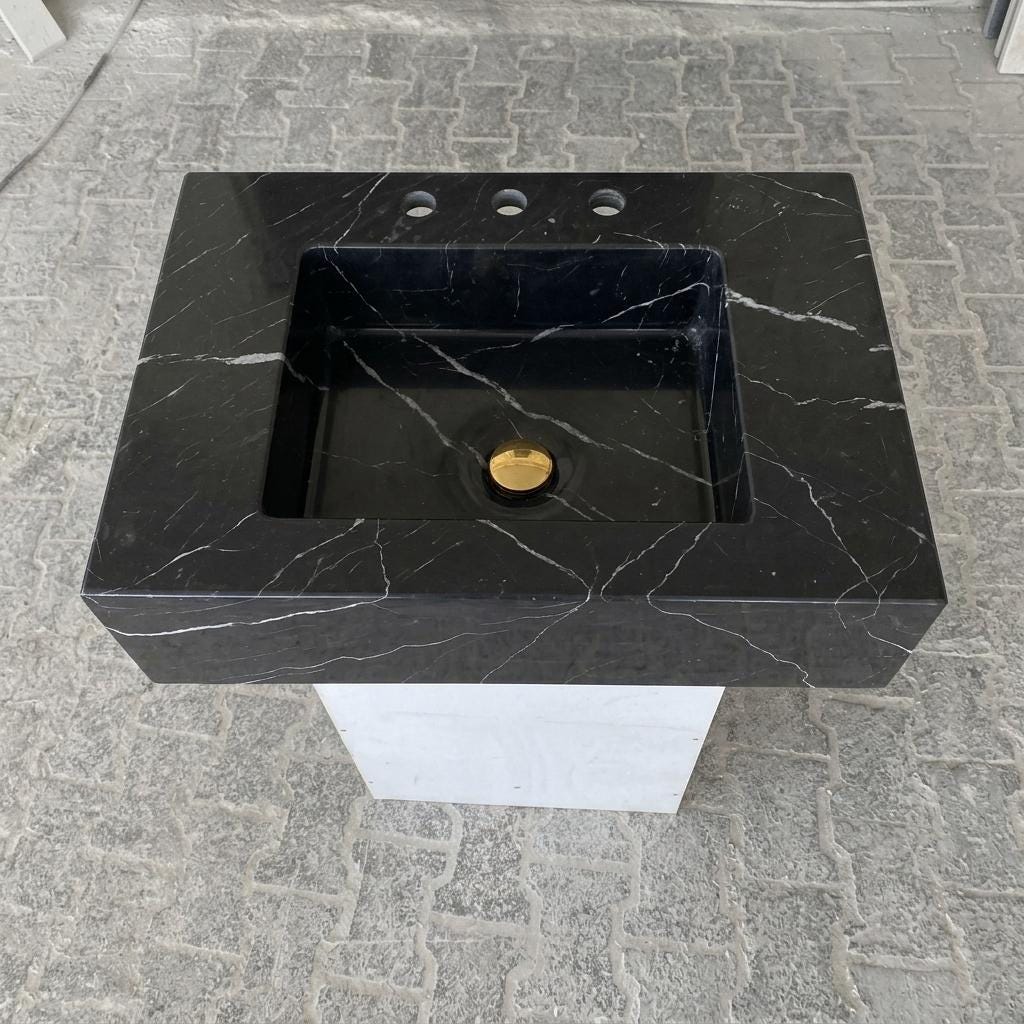 Nero Marquina Marble square vessel sink — top-down view (photo 6)