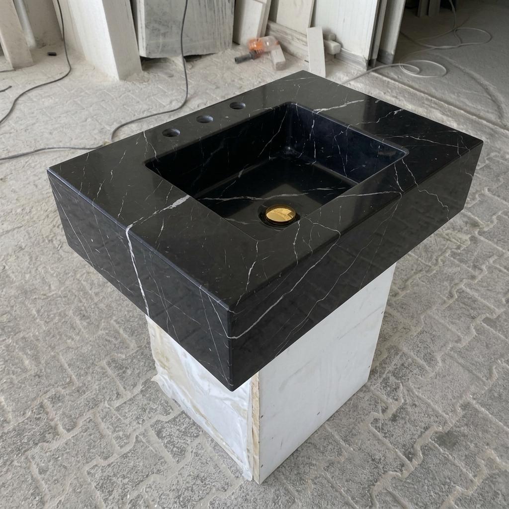 Nero Marquina Marble square vessel sink — isometric three-quarter view (photo 9)